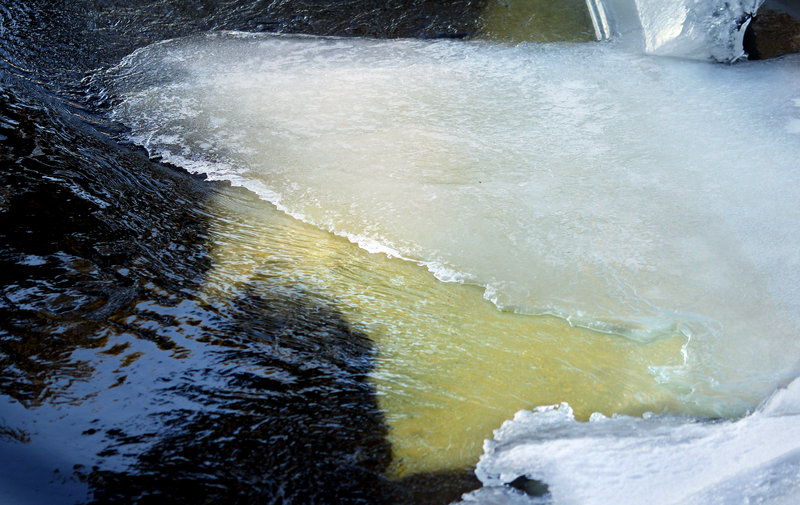 Ice forms on the Androscoggin River in Brunswick last week. River ice in general is not as strong as lake ice.