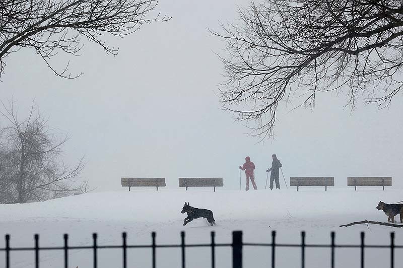 Megu Hirayama and Toji Perlman of Portland ski through a park along North Street, Friday, Feb. 8,2013, as the snow continues to fall.