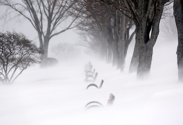 Snow blows and drifts over the benches along the Eastern Promenade during the blizzard on Munjoy Hill in Portland onSaturday morning February 9, 2013.