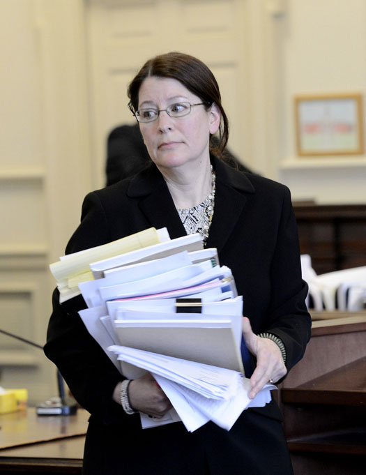 York County Deputy District Attorney Justina McGettigan prepares to leave York County Superior Court after a hearing Tuesday. Justice Nancy Mills rejected a request by defense lawyers to call McGettigan to testify as a witness for the defense during the trial of Mark Strong Sr.