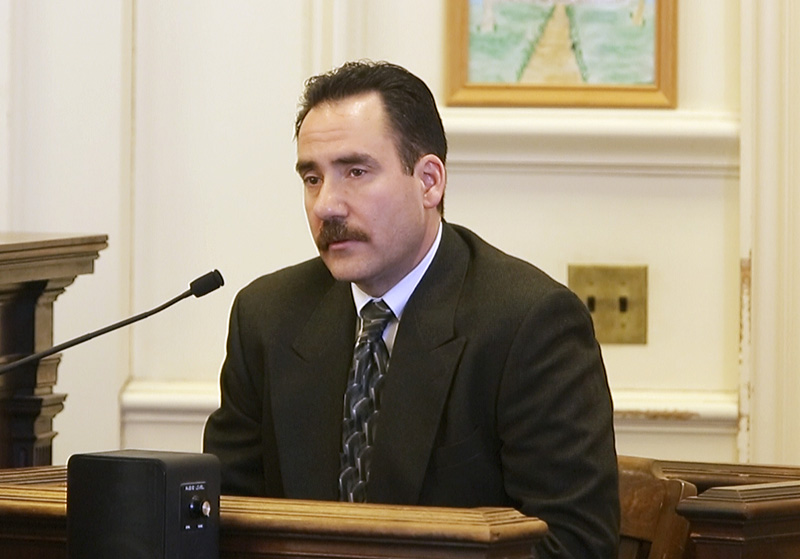 Robert MacKenzie, Kennebunk police chief, answers questions asked by defense attorney Daniel Lilley during a hearing at York County Superior Court in Alfred on Friday, Feb. 22, 2013. MacKenzie revealed that there is a written record of a reprimand against Officer Audra Presby, the lead investigator the Kennebunk prostitution case. That document was not shared with the defense lawyers for Mark Strong Sr.