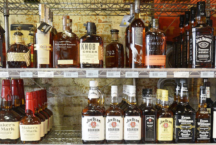 Liquor on display at Downeast Beverage on Commercial St. in Portland.