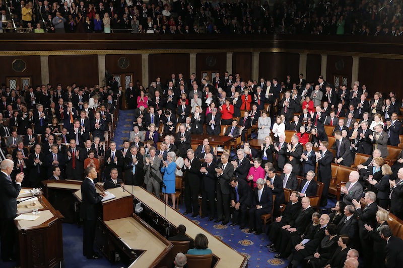 President Barack Obama is applauded as he gives his State of the Union address during a joint session of Congress on Capitol Hill in Washington, Tuesday Feb. 12, 2013. (AP Photo/J. Scott Applewhite) US Capitol