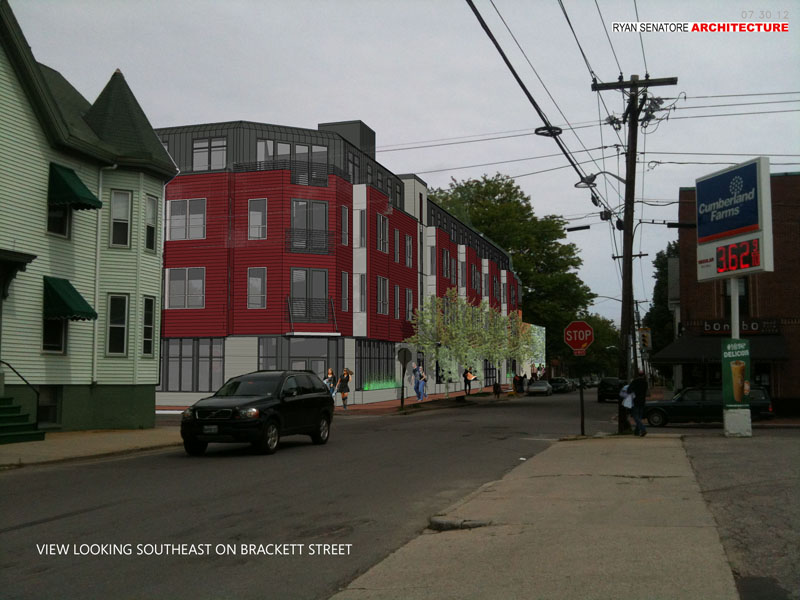 Computer-generated image of the southeast view of proposed West End Place on the corner of Brackett and Pine streets in Portland.