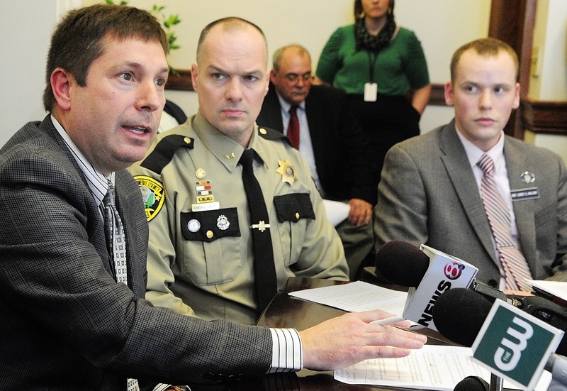 Maine House Minority Leader Kenneth Fredette, R-Newport, Kennebec County Sheriff Randall Liberty and Rep. Corey Wilson, R-Augusta, were part of a news conference about concealed weapons permits on Thursday at the State House in Augusta. Wilson has submitted a bill that would remove public access to the names of holders of concealed weapons permits.