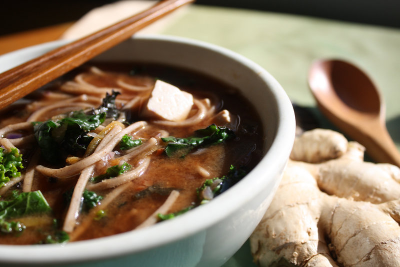 Natural Foodie miso soup with noodles and winter vegetables.