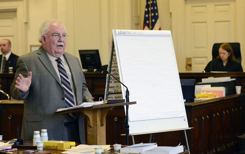 Mark Strong Sr.'s attorney Daniel Lilley gives his opening statements in the Kennebunk prostitution case in York County Superior Court on Wednesday, Feb. 20, 2013.