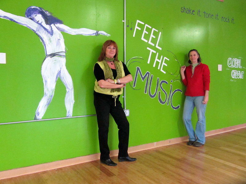 Joyce Bagshaw of Wells, left, and her sister Janet Berger of Parsonsfield, who designed some of the wall art, are preparing the former Pura Vida dance studio for a March opening. The new business is called Danceworks.