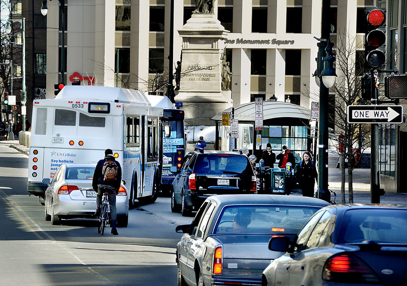 Traffic changes being considered for Congress Street in Portland are aimed partly at improving bus service.