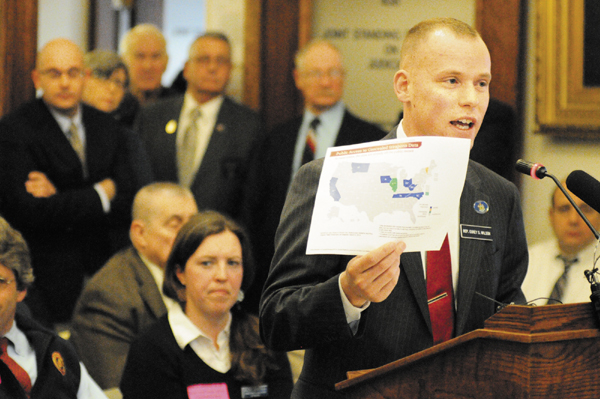 Rep. Corey Wilson, R-Augusta, introduces his bill L.D. 345, An Act to Ensure the Confidentiality of Concealed Weapons Permit Holder Information, before the Judiciary Committee Tuesday at the State House in Augusta.