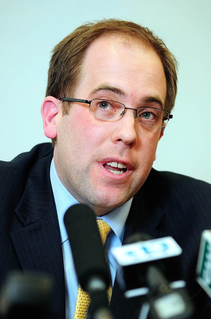 Majority Leader Sen. Seth Goodall, D-Richmond, answers questions during a news conference on Friday at the State House in Augusta.