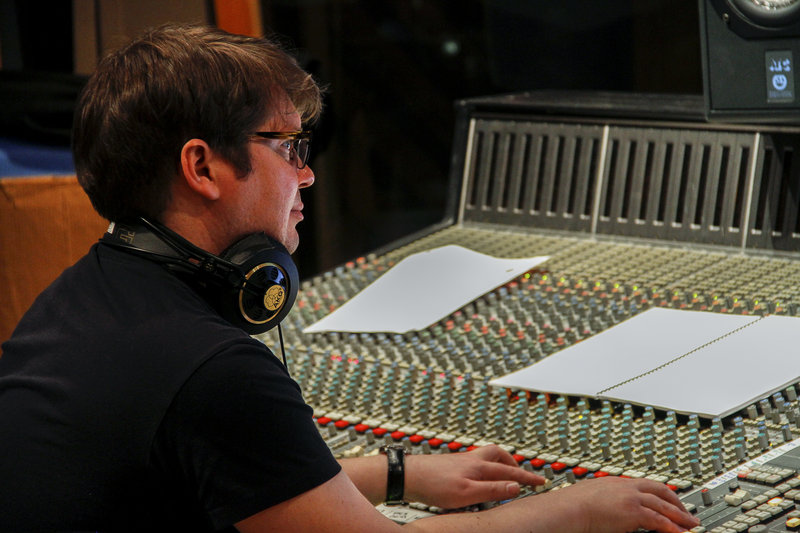 Lawrence Manchester at the controls at MSR studios in New York during recording of the cast album for the Off-Broadway show “Dogfight.” Manchester mixes the music for “Late Night with Jimmy Fallon” on NBC. He also mixed the music on Fallon’s Grammy-winning comedy album “Blow Your Pants Off”; the movies “The Departed,” “Frida” and “The Red Violin”; and the NBC series “Smash.” Fallon credits Manchester with helping make “Late Night” “the best-sounding show on television.”