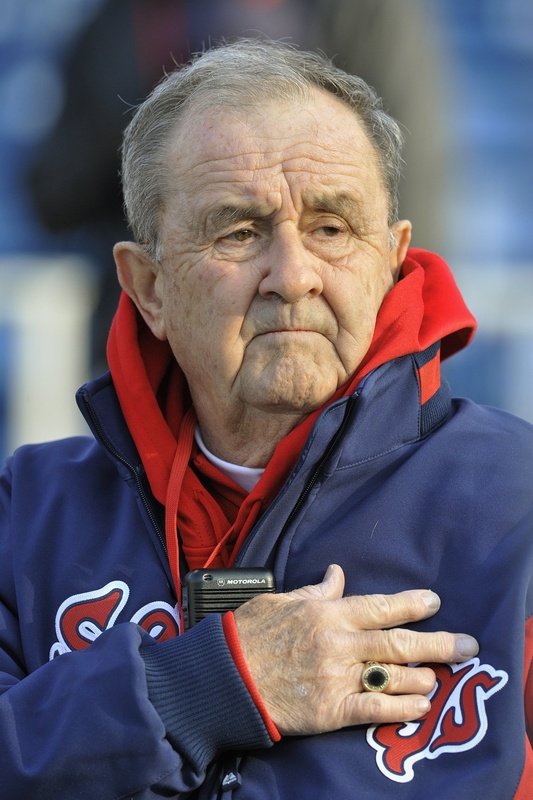 Dave McConnell listens to the national anthem prior to a Sea Dogs game earlier this month at Hadlock Field. McConnell has been the head usher for all of the Sea Dogs' 20 years.