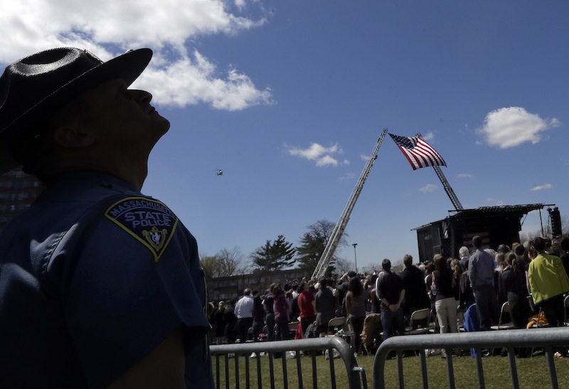 People at Massachusetts Institute of Technology campus officer Sean Collier memorial service at MIT in Cambridge, Mass. Wednesday, April 24, 2013. (AP Photo/Elise Amendola)