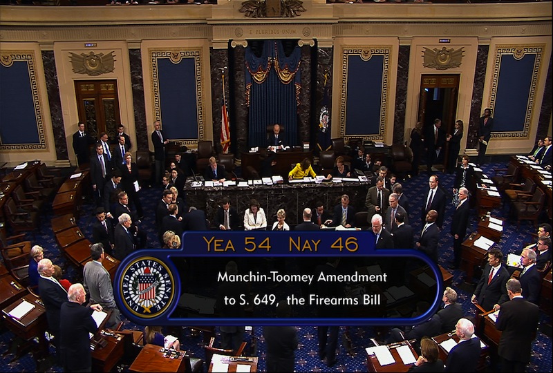 This video image from Senate television shows the final vote total on gun control legislation that was defeated in the Senate Wednesday, April 17, 2013, at the Capitol in Washington. Senate Republicans backed by a small band of rural-state Democrats scuttled the most far-reaching gun control legislation in two decades, rejecting calls to tighten background checks on firearms buyers as they spurned the personal pleas of families of the victims of last winter's mass elementary school shooting in Newtown, Conn. (AP Photo/Senate Television)