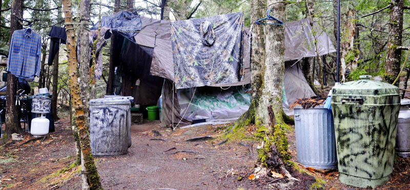 Staff photo by Andy Molloy Christopher Knight's camp site located in a remote stand of woods in Rome moments before Game Wardens, State Police and Somerset County Sheriff's deputies inspected the camp Tuesday April 9, 2013. Police believe Knight, who went into the woods near Belgrade in 1986, was a hermit who committed hundreds of burglaries to sustain himself.