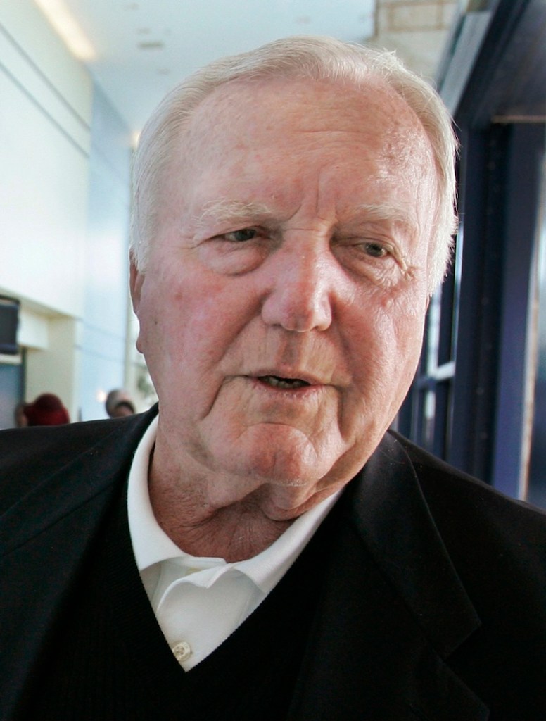 In this April 10, 2007, file photo, former New England Patriots head coach Chuck Fairbanks talks about former player Darryl Stingley before entering Stingley's funeral service at The Living Word Christian Center in Forest Park, Ill. Fairbanks, who coached Heisman Trophy winner Steve Owens at Oklahoma and spent six seasons as coach of the New England Patriots, died Tuesday, April 2, 2013, in Scottsdale, Ariz., after battling brain cancer, the University of Oklahoma said in a news release. He was 79. (AP Photo/Charles Rex Arbogast, File) NFL