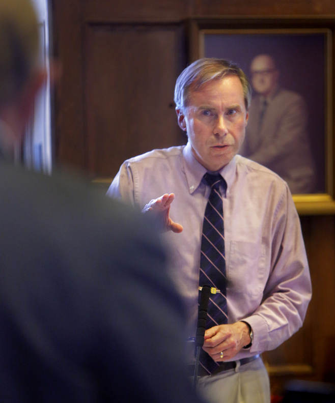 Portland City Councilor Ed Suslovic asks a question of Leslie Adams, the president of Public Safety Solutions Inc., during a council workshop Monday. The company was paid $39,000 to review the Portland Fire Department and to offer suggestions for reining in overtime costs.