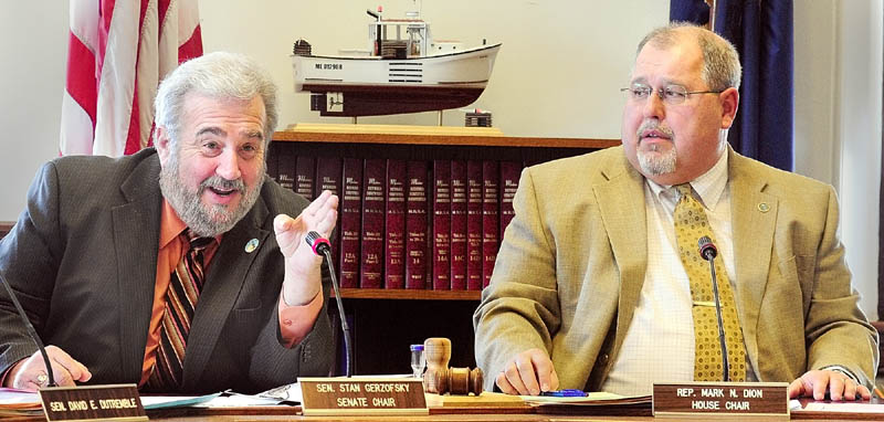 Staff photo by Joe Phelan Criminal Justice Committee co-chairs Sen. Stan Gerzofsky, D-Brunswick, left, and Rep. Mark Dion, D-Portland, seen at a work session on Friday April 5, 2013 in State House in Augusta.