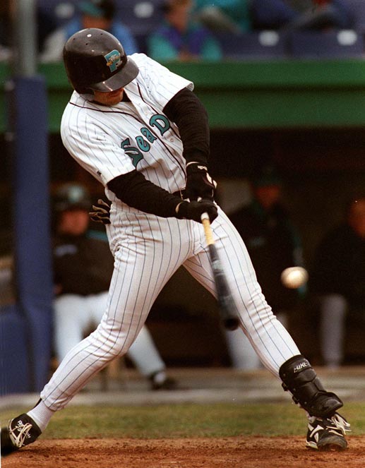 STAFF PHOTO BY DOUG JONES -- Wednesday, April 17, 1996 -- Sea Dog, Kevin Millar, gets one of the very few hits for the dogs in the 7th or 8th. Sea Dogs