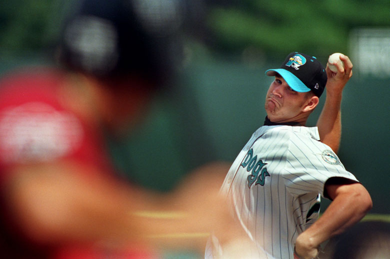 STAFF PHOTO BY JOHN EWING -- Wednesday, August 18, 1999 -- Brad Penny delivers a pitch to an Altoona hitter during his start on Wednesday afternoon.