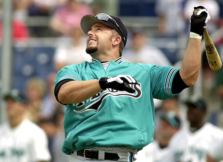 Staff Photo by John Ewing, Thursday, June 29, 2000: Florida Marlins first baseman Kevin Millar watches one of his drives sail over the fence during a home run derby competition before the Sea Dogs/Marlins exhibition game at Hadlock Field. Baseball John Ewing Kevin Millar Sea Dogs