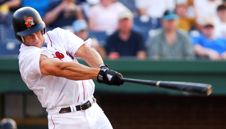 Staff Photo by Gordon Chibroski, Friday, June 27, 2003: Gabe Kapler crushes a drive to deep right for a standup double in the sixth inning. He was driven in by the following batter for the Sea Dogs' first run of the game. Kapler is headed to Boston. Gordon Chibroski Baseball