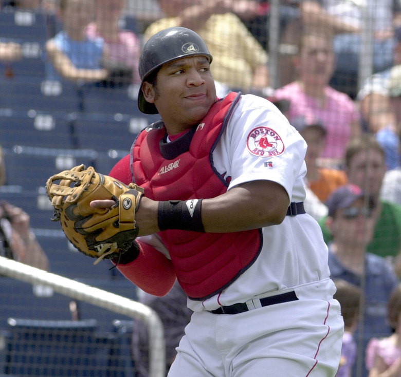 Staff Photo by Herb Swanson, Sunday, June 13, 2004: Sea Dogs catcher Edgar Martinez Sunday against the New Britain Rock Cats at Hadlock Field in Portland. Baseball Edgar Martinez Herb Swanson