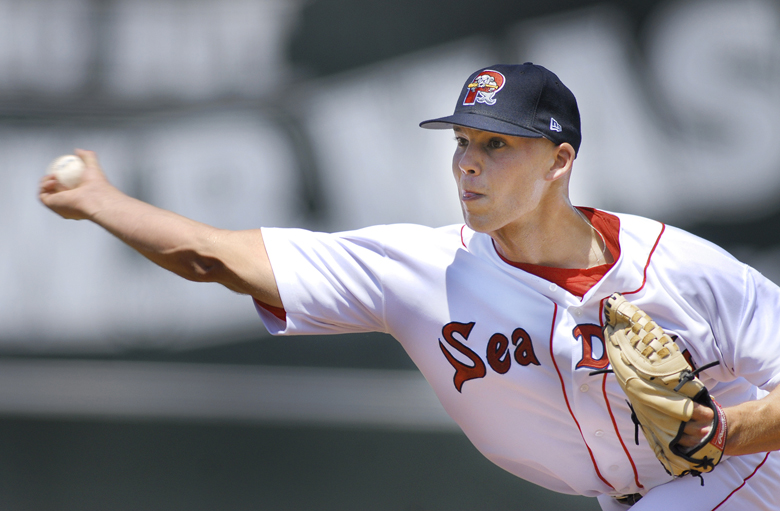 John Ewing/ Staff Photographer: 20070725 Wednesday, July 25, 2007.....Sea Dogs starter Justin Masterson pitched 6 2/3 strong innings against the New Hampshire Fisher Cats, allowing only 3 hits. Baseball