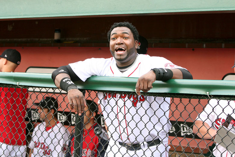 Tim Greenway/Staff Photographer: Yells to the crowd before the start of the game. David Ortiz at Sea Dogs vs. the Connecticut Defenders game at Hadlock Field on July 21, 2008. Baseball