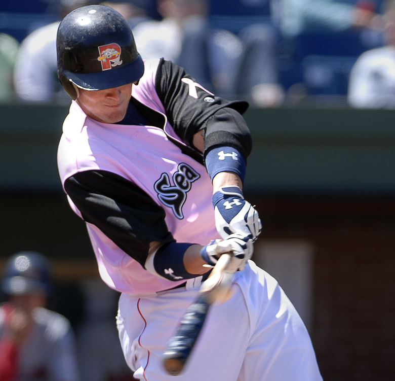 Gordon Chibroski/Staff Photographer. May 11, 2008. Action of Portland Sea Dogs vs Baysox Bowies at Hadlock Field. Aaron Bates #33, connects for a flyball to the right outfield wall but it was caught in an outstanding play by right outfielder, #30, Nolan Reimold for an out. Pink jersey is worn to commemorate the fight against breast cancer and Mother's Day. Baseball