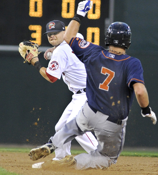 John Patriquin /Staff Photographer; Tuesday, 08/30/10. Portland's #7 Ryan Khoury makes the double play as Mets #7 Sean Ratliff slides into second late as the Portland Sea Dogs host the Binghamton Mets at Hadlock Field in Portland. Baseball