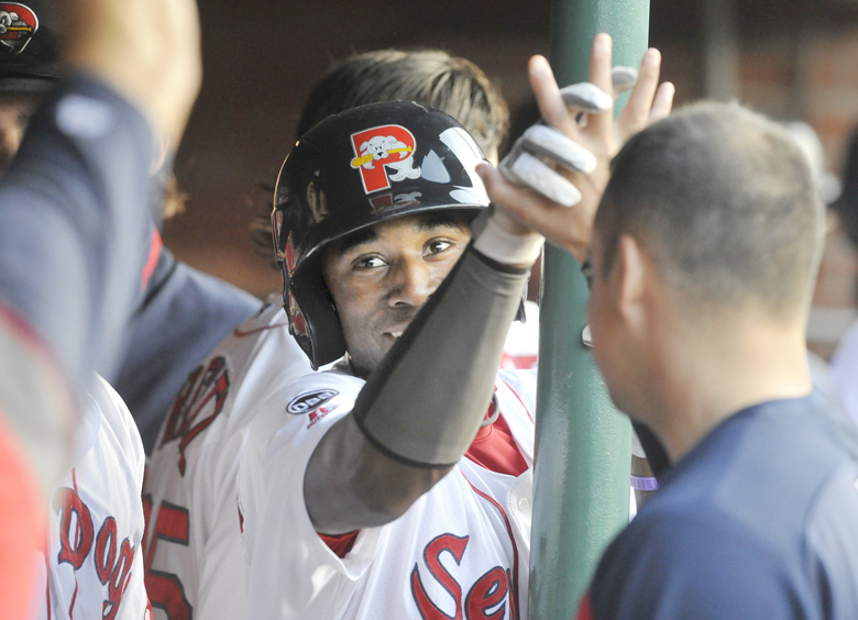 John Ewing/Staff Photographer... Monday July 23, 2012....Portland Sea Dogs vs. Trenton Thunder at Hadlock Field. Sea Dog leadoff hitter Jackie Bradley Jr. is all smiles after hitting a leadoff homer in the first inning.