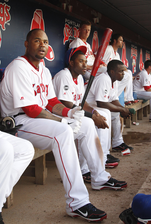 Staff photo by Derek Davis: Portland Sea Dogs vs Trenton Thunder. Carl Crawford sits in the dugout during a rehab start with Portland. Photographed on Tuesday July 3, 2012.