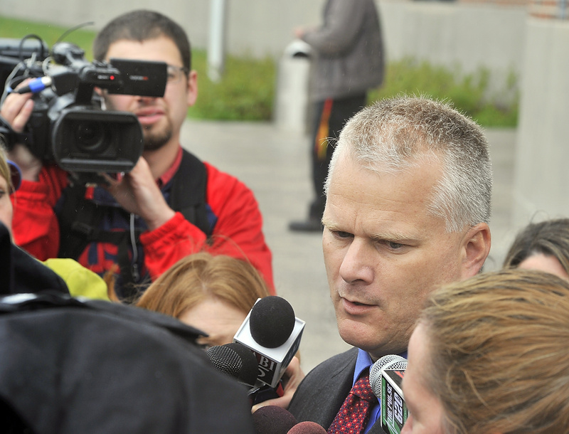 Kyle Dube's attorney, Stephen Smith, talks to the media Wednesday, when Dube was arraigned in Penobscot County Superior Court.