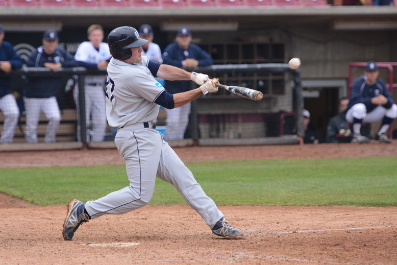 USM's Chris Bernard's hits a home run in the 12th inning against Ithaca on Tuesday. Baseball Portland Press Herald University of Southern Maine5