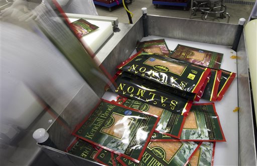 Freshly packaged smoked salmon at the Ducktrap River company. "Our sales have increased to the point where we can't keep up," says Don Cynewski, the company's general manager.