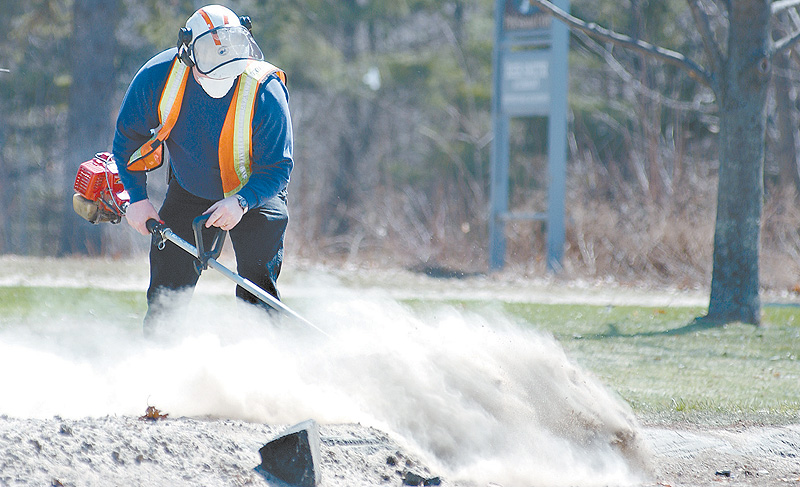 A state employee sweeps salt and sand from grass seedlings in Buxton during spring maintenance. Homeowners can protect roadside plantings by using raised beds or fences.