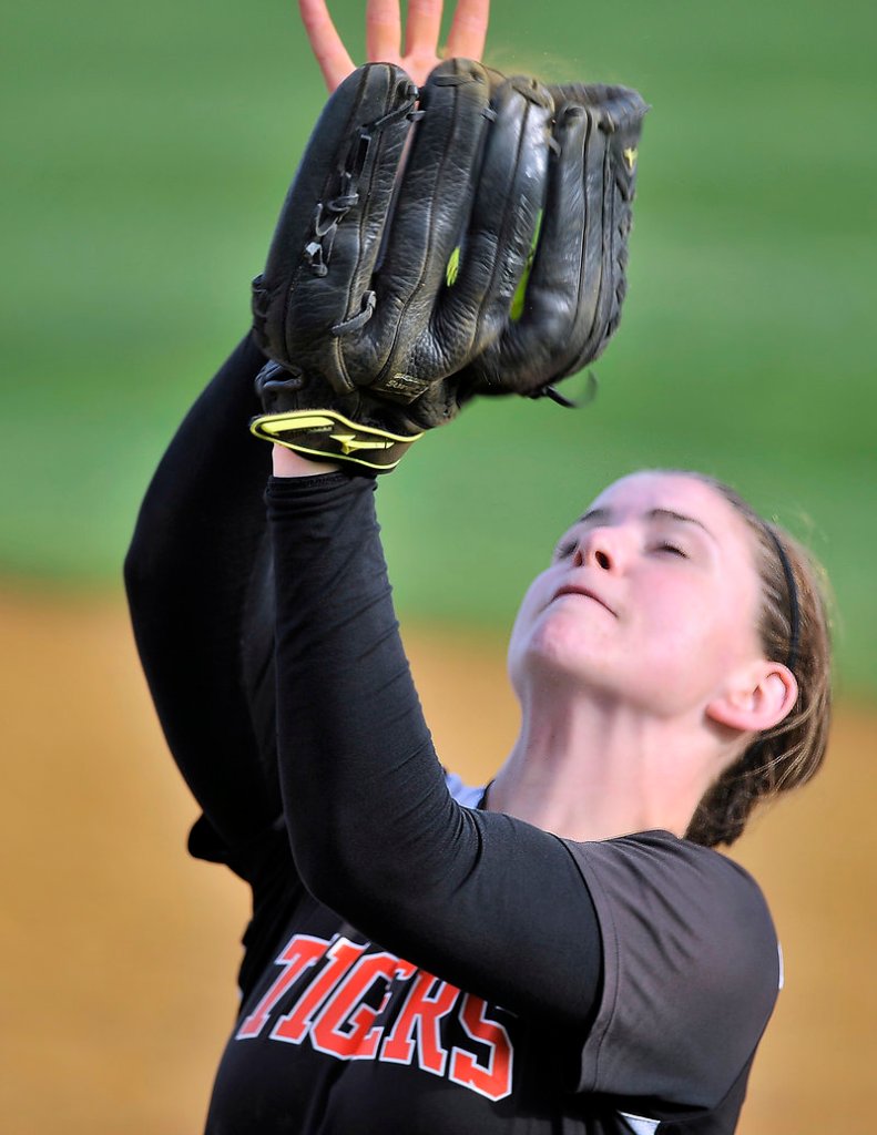 Alyssa Baldino catches a pop-up for the last out of the game, ending a comeback attempt by Cheverus on May 8.