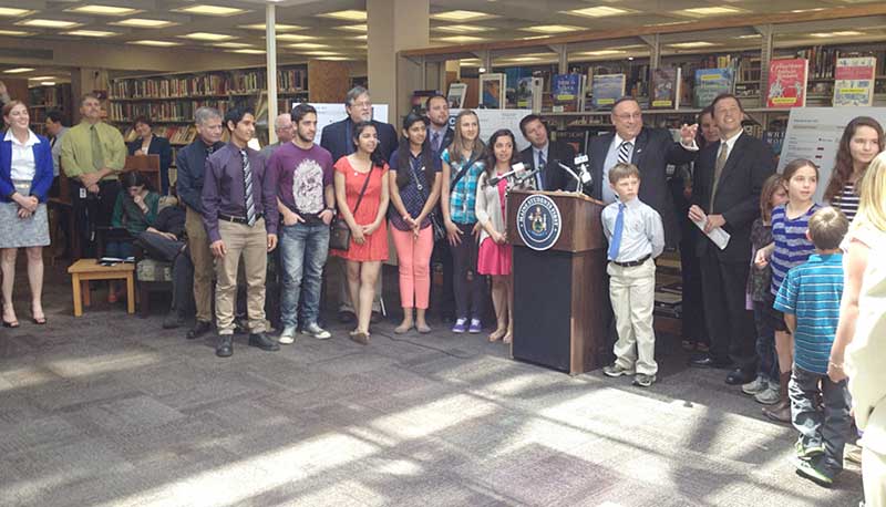 Gov. Paul LePage and Education Commissioner Stephen Bowen unveiled the state's new A-F school grading system today, May 1, 2013, at the Maine State Library.