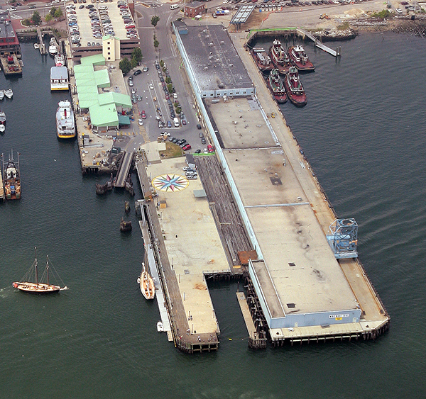 An aerial view of the Maine State Pier on the Portland waterfront.