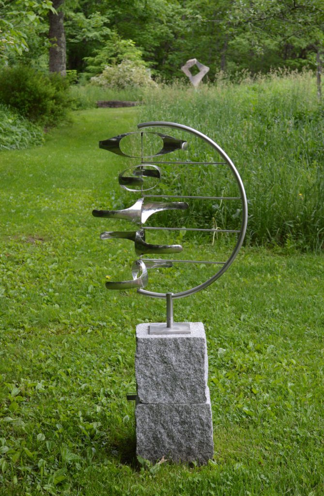 “Five Gyres in C,” stainless steel by George Sherwood, from “Sculpture for the Home and Gardens,” the exhibition continuing through June 30 at June LaCombe Sculpture, Hawk Ridge Farm, Pownal.