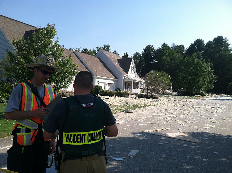 The scene Tuesday morning at a Yarmouth condominium complex after an early morning explosion.