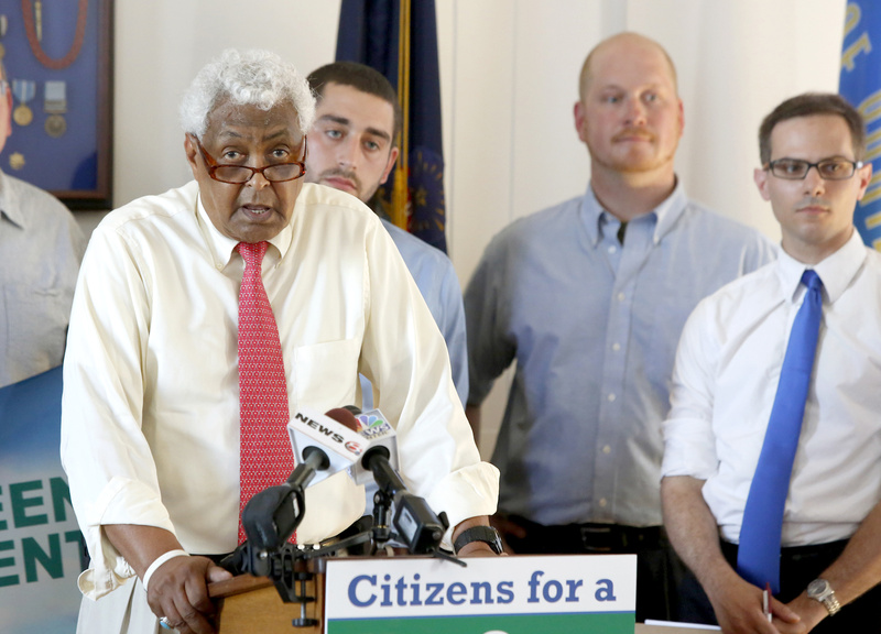 Bob Talbot, an ACLU board member, speaks during a news conference on making marijuana legal in Portland at Portland City Hall on Monday.