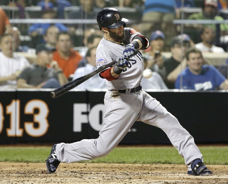 The American League’s Dustin Pedroia, of the Boston Red Sox, swings at a pitch during the second inning of the MLB All-Star baseball game on Tuesday, July 16, 2013, in New York. (AP Photo/Matt Slocum)