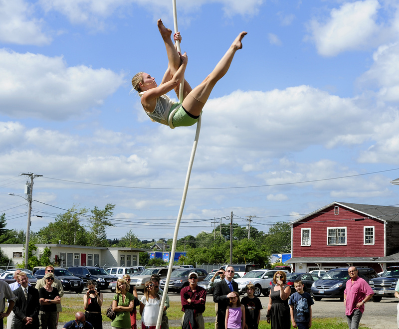 Kia-Melinda Eastman performs Thursday after the announcement that the fledgling nonprofit Circus Conservatory of America plans to open a college-level circus school in 2015 at Thompson’s Point in Portland.