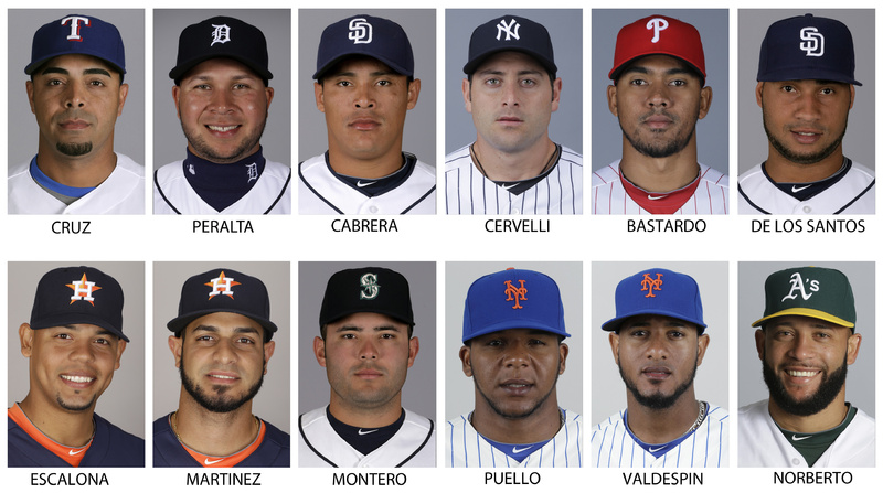 Players who accepted 50-game penalties for using performance-enhancing drugs, from left, top row: Texas Rangers' Nelson Cruz, Detroit Tigers' Jhonny Peralta, San Diego Padres' Everth Cabrera, New York Yankees' Francisco Cervelli, Philadelphia Phillies' Antonio Bastardo and San Diego Padres' Fautino de los Santos. Bottom row: Houston Astro's Sergio Escalona, Houston Astros' Fernando Martinez, now with the New York Yankees, Seattle Mariners' Jesus Montero, New York Mets' Cesar Puello, New York Mets' Jordan Valdespin and Oakland Athletics' Jordan Norberto.