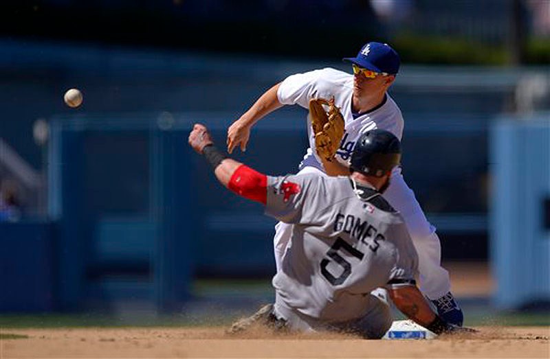 Jonny Gomes of the Red Sox steals second as Dodgers second baseman Mark Ellis takes a late throw from home during the sixth inning Saturday in Los Angeles.
