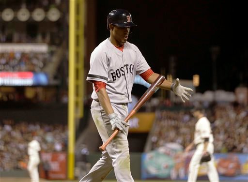 Boston Red Sox player Xander Bogaerts walks back to the dugout after striking out against the Giants during the sixth inning of Tuesday's game in San Francisco.