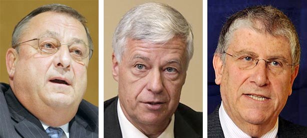 Republican Gov. Paul LePage, left, Democratic U.S. Rep. Mike Michaud and independent Eliot Cutler